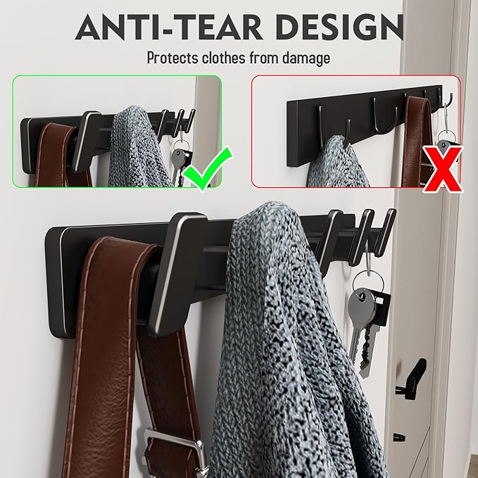 Black Coat Rack Wall Hooks for Hanging Heavy Duty Door Hooks with 5 Hooks Key Holder for Wall Hat Rack for Entrance Coat Hook