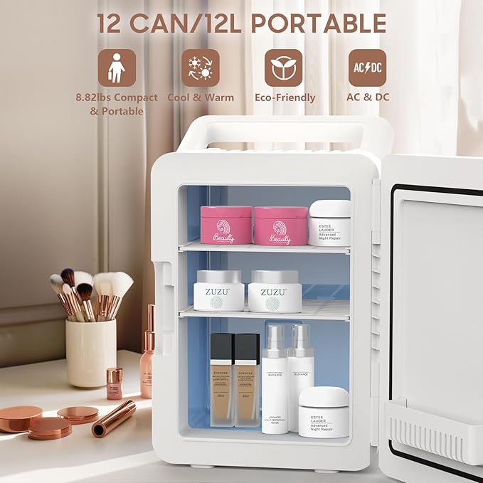 advwin 12L Mini Skincare Fridge with Dimmable LED Light Mirror, Makeup Fridge for Cooler & Warmer, Cosmetics, Beauty, Food & Drinks, Portable Small Refrigerator for Bedroom, Office, Dorm and Car