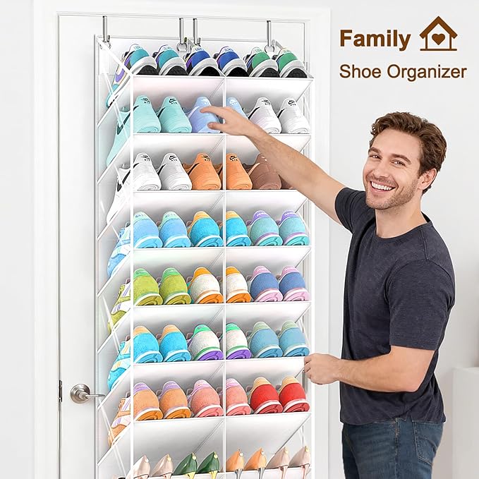 30 Pairs Over the Door Shoe Organizer, Clear Pockets Hanging Shoe Storage for Closet, 10-Tier Door Shoes Rack Storage, Handing Shoes Holder Fit All the Family's Sneakers, Boots, Heels, White