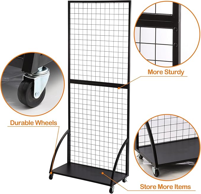 Eastern Tree Grid Wall Panels, Black Gridwall Panels Stand with Base Plate, Wire Grid Wall Panel Display with Wheels, Craft Show Display Rack, Retail Display with 20 Pieces Hooks, 2 Packs 2.5'x 6'
