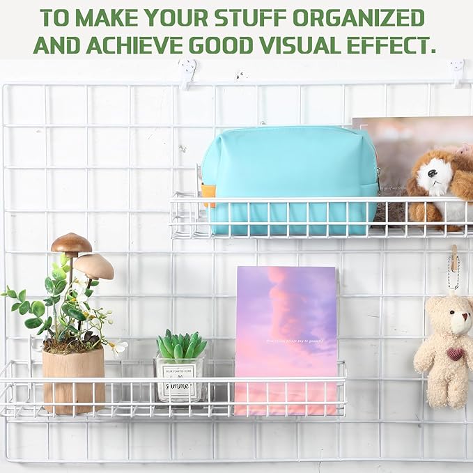 Blulu 4 Pcs 15.75 x 3.94 x 1.97 Inch Metal Grid Wall Baskets with Hooks Grid Wall Shelves Hanging Wire Basket Multi Function Storage Organizer for Kitchen Organizing Display (White)