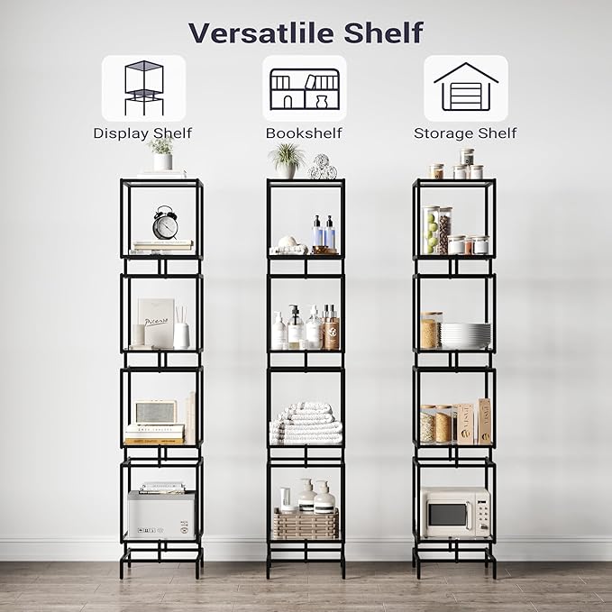 4 Cube Glass Shelf, 4-Tier Bookshelf, Display Shelf Rack, Metal Storage Rack with Tempered Glass, Modern Style for Living Room, Bathroom, Kitchen, Black