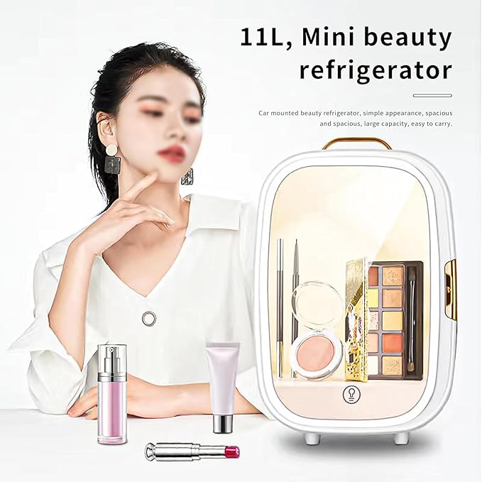 11 Liter Skincare Fridge, Makeup Refrigerator with Dimmable LED Mirror Door, Personal Beauty Fridge with Cooler & Warmer for for All Cosmetics and Skincare Needs (11Liter)