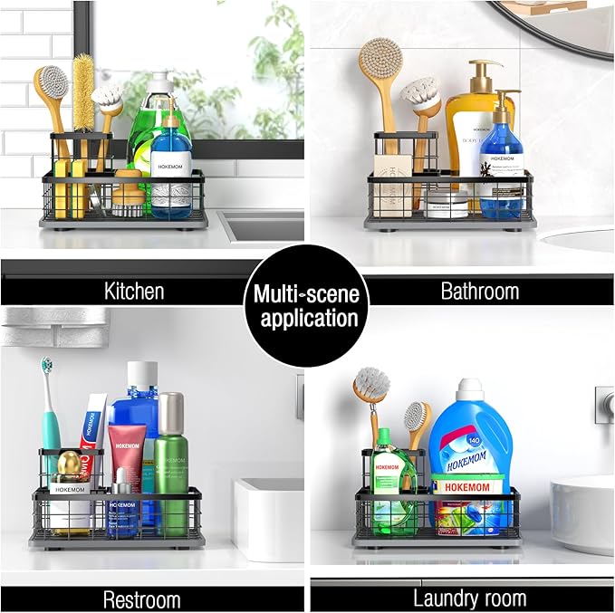 Large Family-Sized Sponge Holder for Kitchen Sink with Brush Holder - Drain-Free Non-Slip Base, 2.6mm Stainless Steel with Black Rust-Resistant Coating-10.24"L x 6.5"W x 5.83"H Sink Organizer