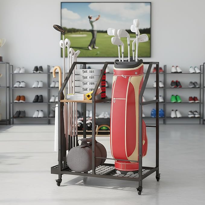 Golf Storage Organizer for Garage, Golf Bag Storage Rack with Wheels, Mobile Golf Club Rack for Garage, Heavy Duty Golf Bag Holder Stand with Rolling Wheels & Multi Storage