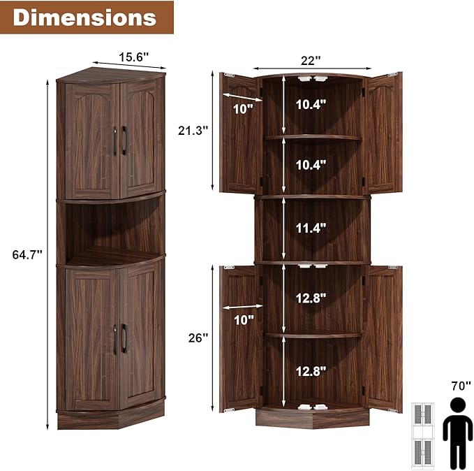 Tall Corner Cabinet, 64.7" Corner Storage Cabinet with 4 Doors and 5 Storage Shelves, Farmhouse Space Saver with Arched Door Design for Living Room, Kitchen, Bathroom, Office