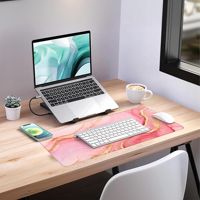 Pink and Gold Stripes Gaming Mouse Pad 31.5"x11.8"Desk Mat Anti-Slip Rubber Base & Durable Stitched Edges for Gamers Smooth Mouse Writing Surface for Desk Office/Home