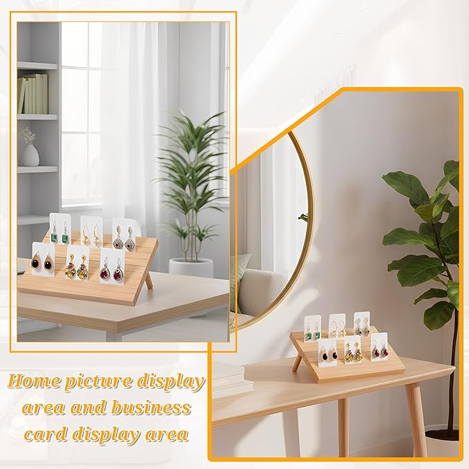 2 Pcs Natural Wood Earring Display Stands with 60 Pcs Earrings Display Cards, 7 Slots Wood Earrings Card Holder, Jewelry Displays Holder with Earring Cards, Jewelry Stands for Selling
