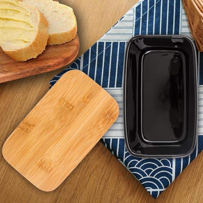 Butter Dish with Lid, Porcelain Keeper with Wood Lid Cover for Butter, Microwave Safe Easy Clean Butter Storage Container for Countertop and Refrigerator (Black 10oz)