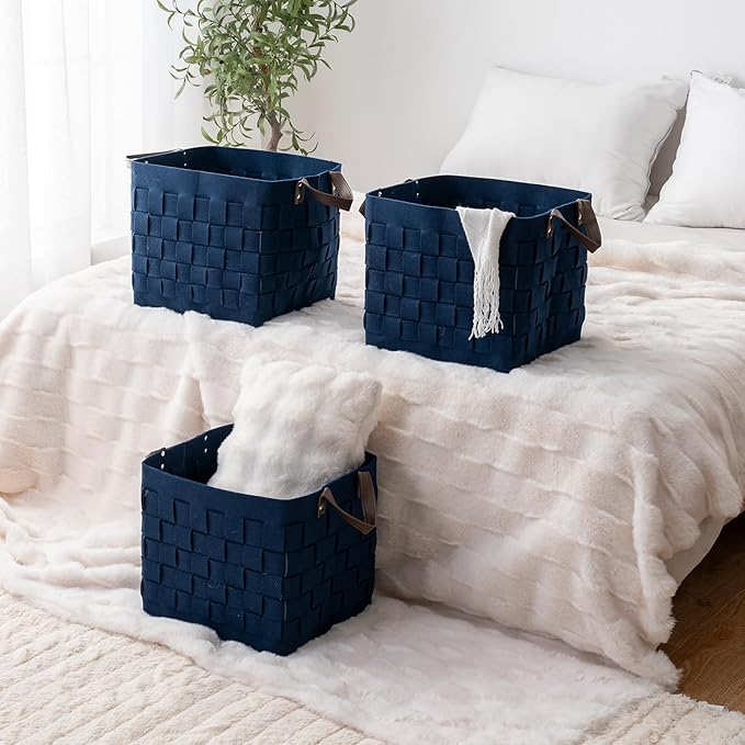 boldmonkey Storage Basket 3 Pack, 13" x13" x13 Large Blanket Baskets with Leather Handle, Cube Felt Fabric Storage Box for Shelves, Bedroom, Nursery, Living Room -Navy blue