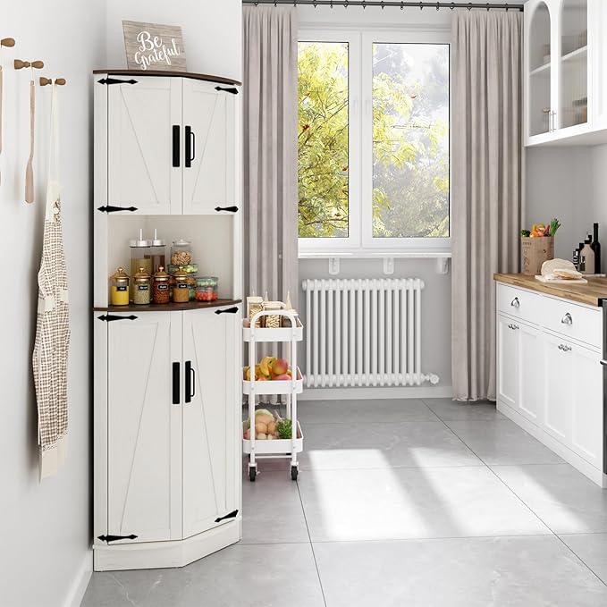 68" Tall Farmhouse Corner Cabinet, Dining Room Storage Cabinet with 4 Barn Doors and 5 Level Storage with Adjustable Shelves, for Kitchen, Living Room, Laundry Room, Rustic White