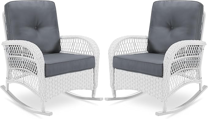 VIVIJASON 2 Piece Patio Wicker Rattan Rocker Chair, Outdoor Rattan Rocker Chair with Cushions & Steel Frame, All-Weather Rocking Lawn Wicker Furniture for Garden Backyard Porch (White Wicker/Grey)