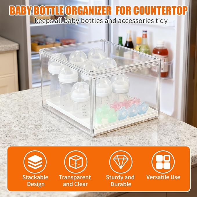 YESGIRL 2 Packs Clear Baby Bottle Organizer,Clear Stackable Acrylic Storage With Drawer for Countertop Cabine Storage Station Case Box Container for Nipples Pump Parts Food Jars