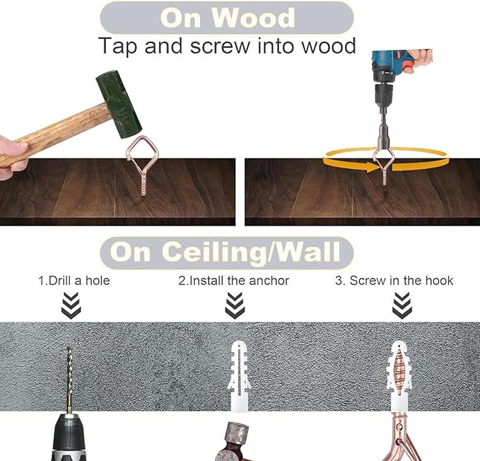 10PCS Eye Screw Hooks for Hanging Heavy Duty with Safety Buckle.Metal Ceiling Hooks for Hanging Plants,Cup,Wind Chime,Bird Feeders,christmas String Lights at Indoor&Outdoor,2.36 Inch(No Drill Bit)