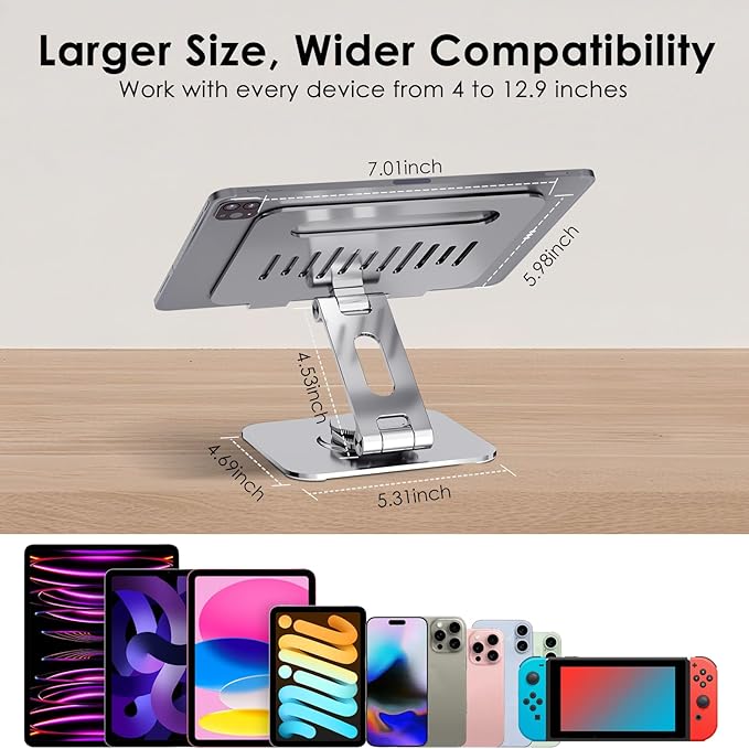 Tablet Stand for Desk, 360° Swivel for iPad Holder, Aluminum Adjustable Tablet Holder, Compatible for iPad Pro Air Mini Surface Pro Samsung Galaxy Tabs Kindle, 4-12.9 inch, Silver
