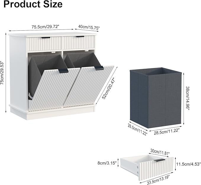 White Double Tilt Out Laundry Hamper Cabinet Laundry Basket Cabinet Hidden Laundry Hamper with 2 Drawers & 2 Baskets for Bathroom Bedroom,30x30x16in