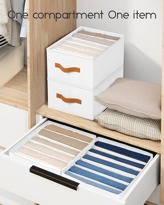 Closet Organizers and Storage - Fabric Clothes Organizer with Handles, Foldable Jeans Organizer for Clothes, Drawer Organizer for Shirts, Bra, Sweater, Scarf, 6 Pack, White