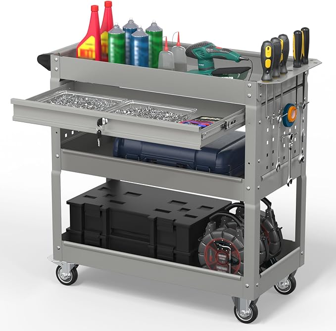 3 Tier Rolling Tool Cart on Wheels, 550 LBS Tool Cart with Drawers，Heavy Duty Utility Cart with Pegboard and Hook，Mechanic Tool Storage Cart for Garage, Warehouse and Repair Shop(Gray)