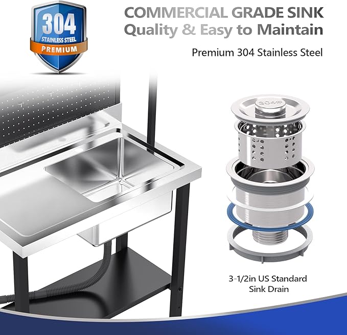VINGLI 67'' Commercial Sink with Drainboard and Adjustable Shelves Pegboard for Hanging Tools, 304 Stainless Steel Table Freestanding Utility Counter Restaurant, Garage Silver & Black 1