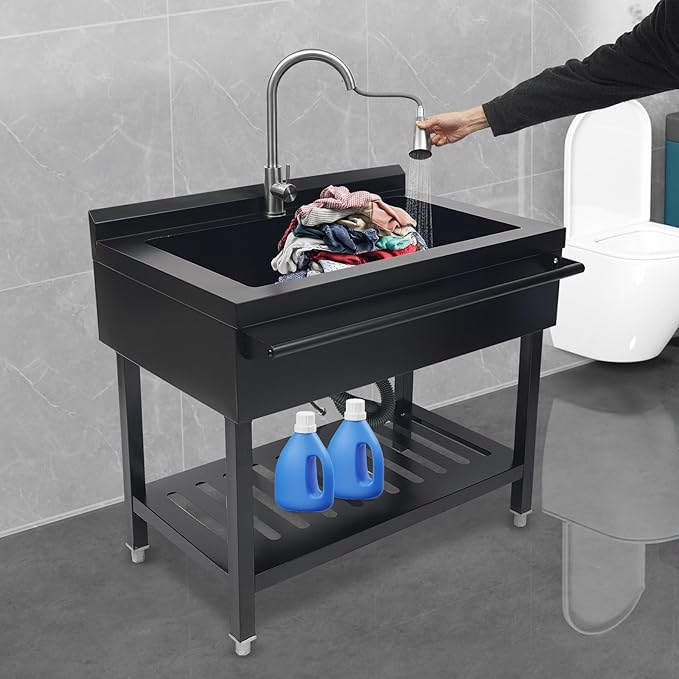 Stainless Steel Utility Sink, Free Standing Single Bowl Kitchen Sink with Pull-Out Cold/Hot Faucet, Splashback & Storage Shelf, Large Utility Sinks for Laundry, Garage 35.4 * 22.4 * 37in