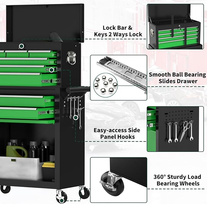 8-Drawer Heavy Duty Tool Chest with Wheels - Industrial Rolling Tool Box, Lockable Drawers & Smooth Glide System for Mechanics, Garage, Auto Repair Shop(GreenBlack)