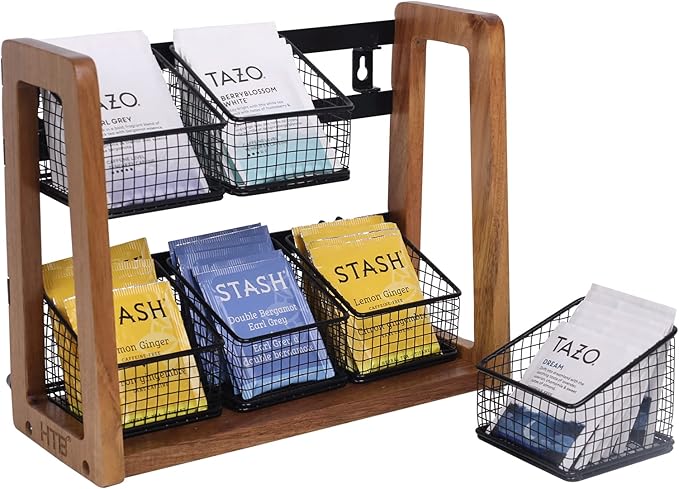 HTB 2 Tier Tea Organizer for Tea Bags, Tea Bag Holder with Acacia Wood Stand and 6 Removable Metal Basket for Sugar Packets, Sweeteners, Creamers for Cabinet, Countertop or Wall-mounted