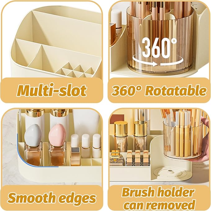 DASITON Large Capacity Makeup Organizer with 360° Rotating Makeup Brush Holder, Perfume and Skincare Storage Organizers for Vanity Bathroom Countertop, Cosmetic Display Case (Cream, 1 Tier)