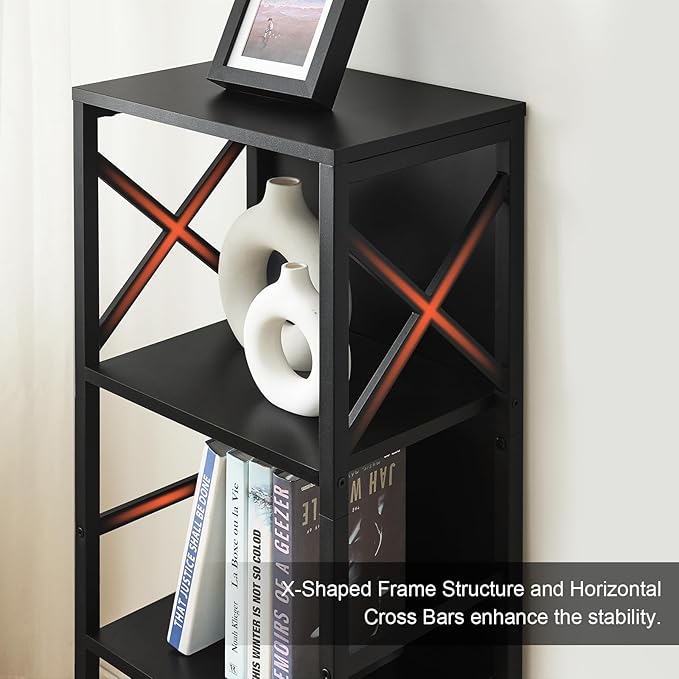 Small Bookshelf,4 Tier Industrial Bookcase with Metal Frame and Backboard,Narrow Black Book Shelf,Office Book case for Small Spaces,Living Room,Bedroom and Home Office