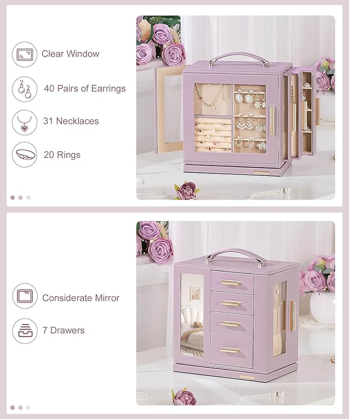 Homde Christmas Gifts Jewelry Box 360° Rotating, Necklace Earring Organizer with Transparent Window, Mirror, 7 Drawers, Large Ring Display Storage Case for Girls Women (Grey Purple)