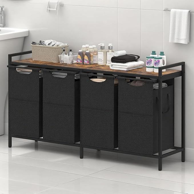 Heybly Laundry Hampers, 4 X 12.5 Gal Laundry Basket with Large Desktop Sorter for Laundry Room organization, Bathroom and Dorm Laundry Bags on Storage Shelf, Rustic Brown HLH004SR