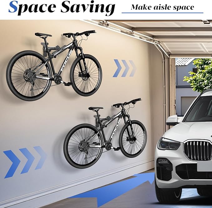 Goovilla Bike Wall Mount Hanger Adjustable - Space Saving Horizontal Bicycle Rack for Mountain/Road/Hybrid Bikes | Secure Home Garage Storage with Easy Installation | 2-Pack Cycling Holder Hook,Black