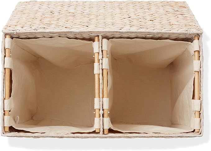 Casafield 2-Section Laundry Hamper with Removable Liner Bags - Whitewash, Woven Water Hyacinth Double Laundry Basket Sorter for Clothes and Towels