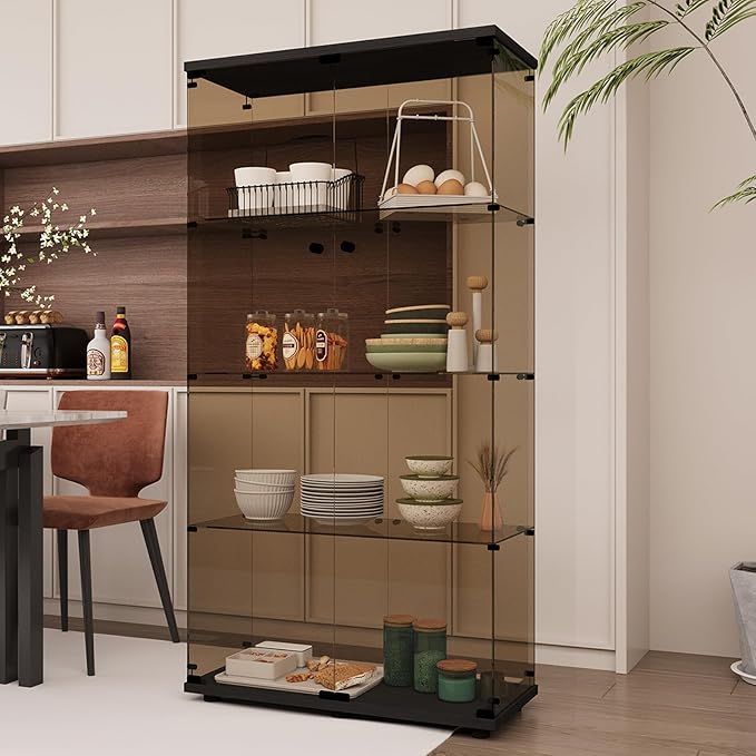 Beauty4U Glass Display Cabinet with 4 Shelves, 2 Doors Curio Cabinets for Living Room, Bedroom, Office, 5mm Brown Tempered Glass Floor Standing Bookshelf, Quick Installation