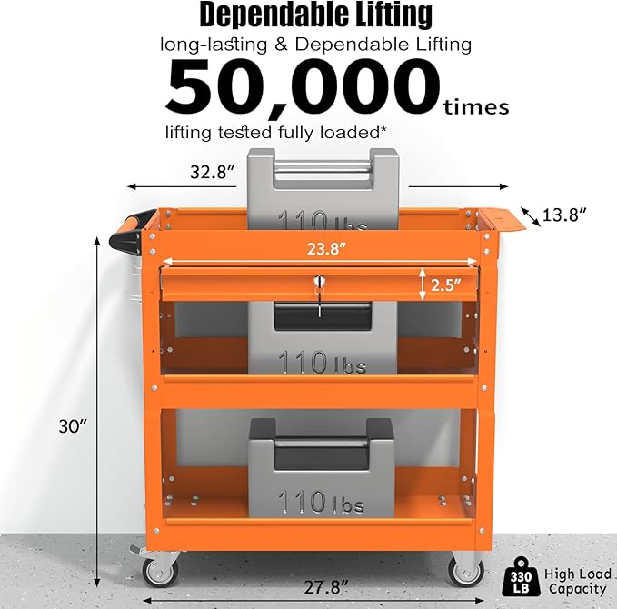 3-Tier Rolling Utility Cart, Metal Heavy Duty Utility Cart on Wheels with Lockable, 330 lb. Load Large Storage Capability Tool Cart for Garage, Warehouse, Repair Shop（Orange）