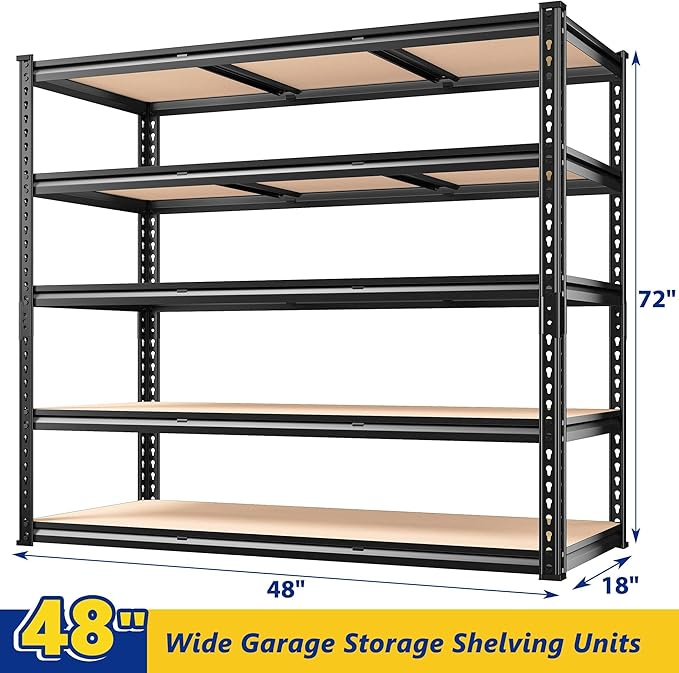 REIBII 48" W Garage Shelving Heavy Duty, 3000LBS Storage Shelves, 5-Tier Adjustable Metal Shelving, Garage Shelves Sturdy Industrial Shelf, Easy Assemble, 72" H x 48" W x 18" D, 2PC