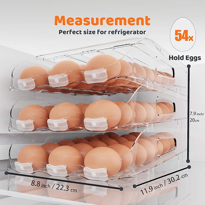 Egg Holder for Fridge, Automatic Steady Rolling Egg Dispenser with Silicone Bumpers & Handle for Refrigerator, Large Capacity Egg Organizer with Lid