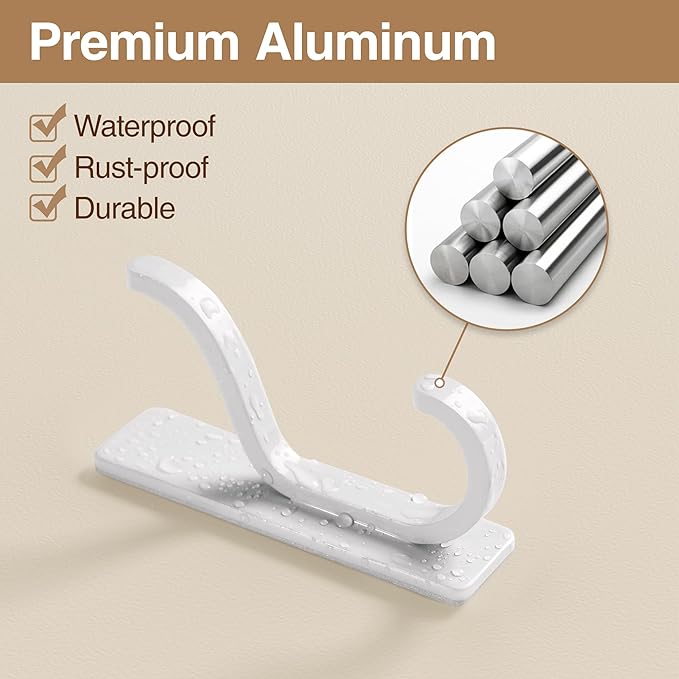 Self Adhesive Wall Hooks for Hanging - 6 Pack Stick On Holds 13 LB, Door Hooks for Towels, Coats, Purse, Jackets, Bags, Hangers for Shower, Dorm, RV, Bathroom, Kitchen - Stainless, Metal, White
