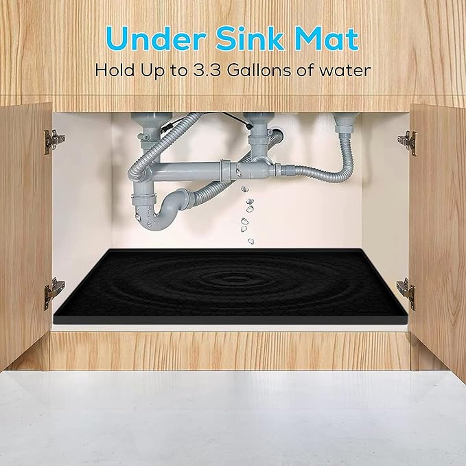 Under Sink Mat for Kitchen, Silicone Waterproof Liner, Flexible Organizer Tray with Drain Hole, 3.3 Gallons Capacity, Easy to Clean (Black, 34x22)