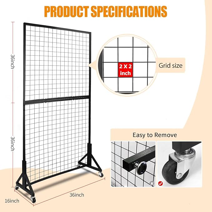 1 Pack 3'x 6' Two-Double Gridwall Panel Display Racks with Sturdy T-Base, Black Grid Wall Panels Display Stand, Display Rack Craft Show, Art Display Stand