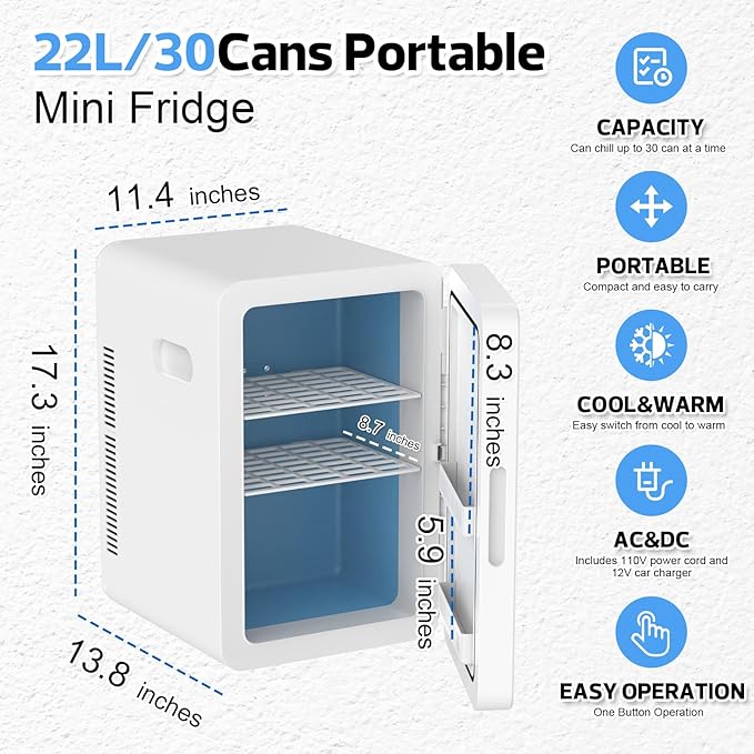 advwin 22L Mini Fridge for Bedroom, 30 Cans Portable Cooler & Warmer Compact Refrigerators with AC/DC Power for Skin Care, Beverage, Cosmetics, Food, Drinks, Office Desk Dorm Room