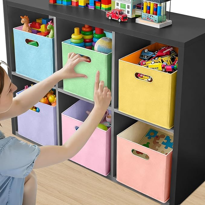 6 Pcs 11 Inch Colorful Felt Storage Cubes with Handle, Collapsible Fabric Storage Cubes Toy Bins Foldable Baskets for Nursery, Playroom, Kids Room, Toys, Books, Clothes(Macaron)