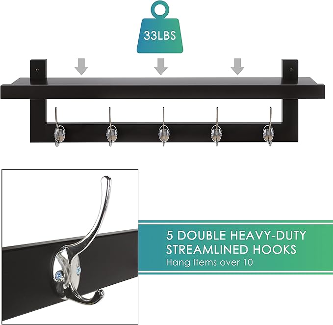 SMIBUY Coat Hooks with Shelf Wall-Mounted, 29.2 Inch Entryway Coat Rack for Wall, Bamboo Hanging Shelf with 5 Double Metal Hooks for Bathroom, Bedroom, Kitchen, Living Room, Mudroom (Black+Silver)