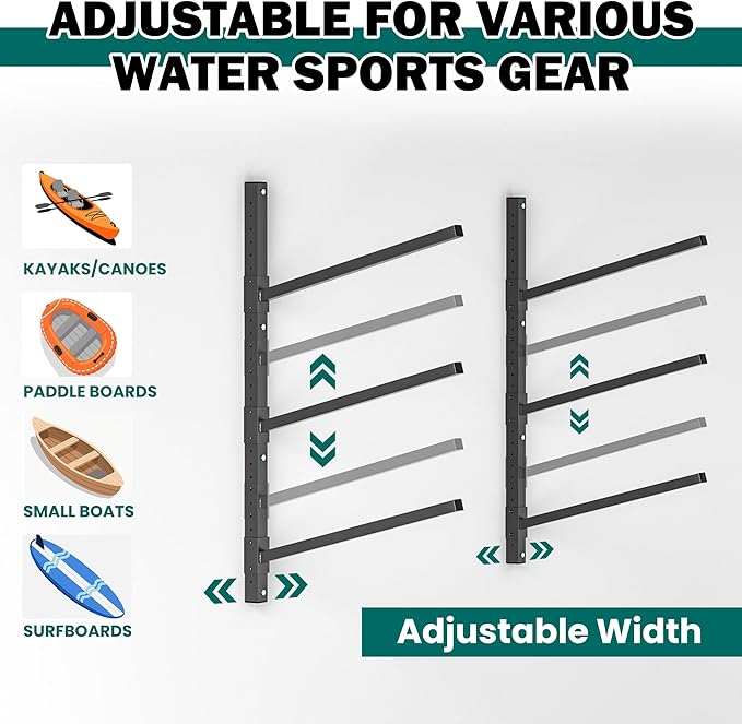 EVERHANGER Wall Mounted Kayak Storage Rack, Adjustable Kayak Holder, Heavy Duty Canoe Rack, Indoor & Outdoor Use