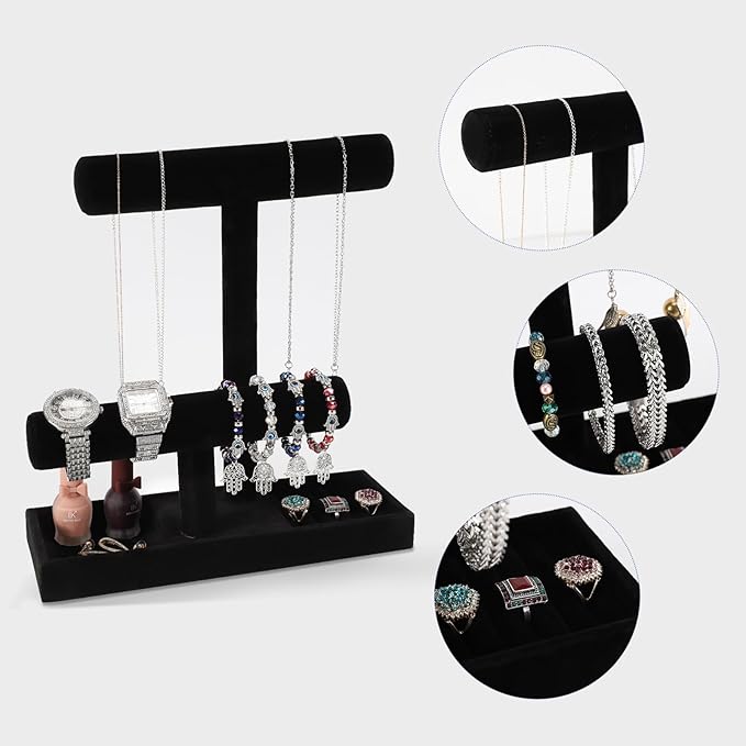 ByKen Necklace Holder,Bracelet Holder,Jewelry Organizer Stand with Earrings Rings Tray,Jewelry Holder for Scrunchie Watches (Black Velvet)