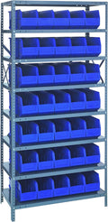 QUANTUM STORAGE SYSTEMS 1875-461BL Solid Heavy Duty 8 Shelves 35 Stackable Shelf Bins Blue Bins 75" H x 36" W x 18" D