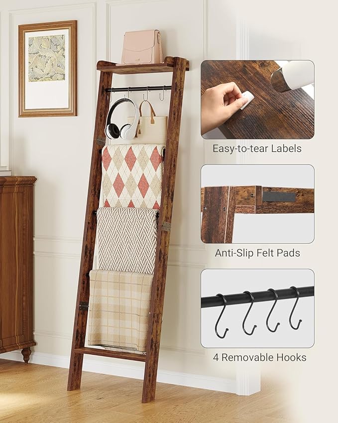 Blanket Ladder Shelf, Decorative Quilt Rack,6-Tier Farmhouse Ladder Holder Organizer with 4 Removable Hooks, Rustic Brown BR35801B