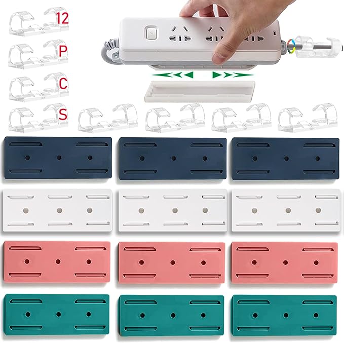 12PCS Power Strip Holder, Adhesive Punch-Free Socket Holder, Self Adhesive Socket Desktop Fixer, Cable Management Punch Free Surge Protector, Desktop Mobile Socket Holder Wall Mount and 8 Cable Clips