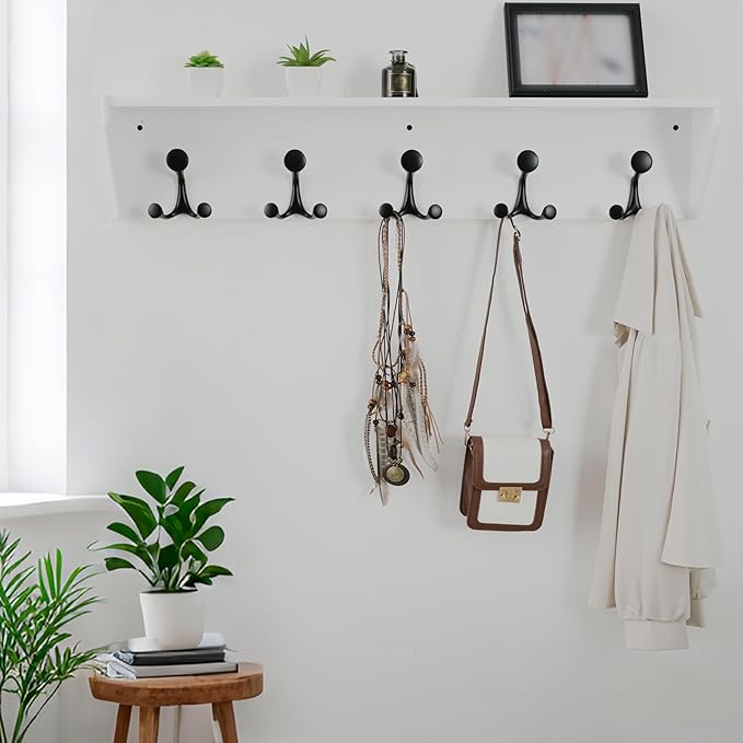 WEBI Wall Shelf with Hooks Underneath,35” Long Wall Mounted Coat Rack with Shelf,Entryway Coat Rack with 5 Triple Hooks for Hanging Coats,Jacket,Hallway,Bedroom,Mudroom,White