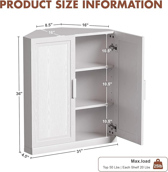 Casaphoria Farmhouse Corner Cabinet, Wooden Corner Storage Cabinet with Adjustable Shelves, Narrow Storage Organizer for Small Space, 36" H x 31" W x 16" D, 51Lb, White