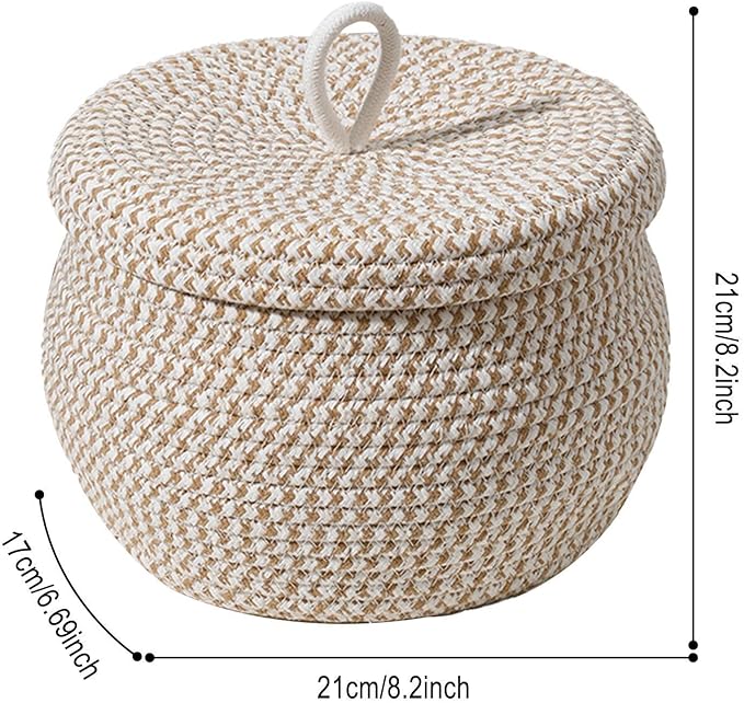 Rope Basket – Straw Woven 21x21x17cm | Round Cotton Rope Storage Basket With Lid Decorative Woven Bin | Lidded Organizer For Snacks Yarns Keys Toys Home Bedroom And Daily Use